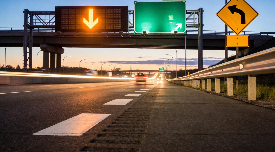 Se&ntilde;ales de tr&aacute;fico de la autopista canadiense al atardecer.jpg